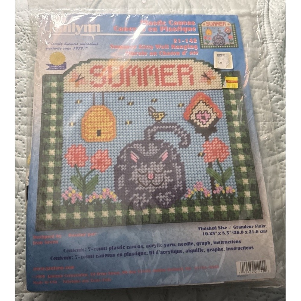 Vtg Janlynn Summer Kitty Wall Hang Plastic Canvas Needlepoint Kit Flowers US NOS